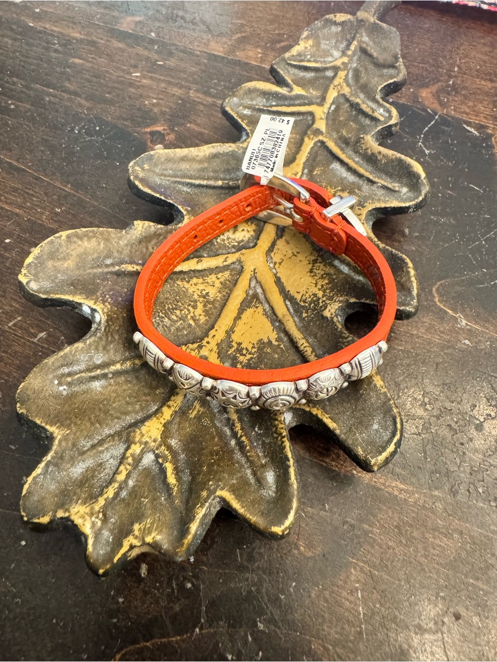 Brighton Orange Leather Bracelet with Silver Floral Accents